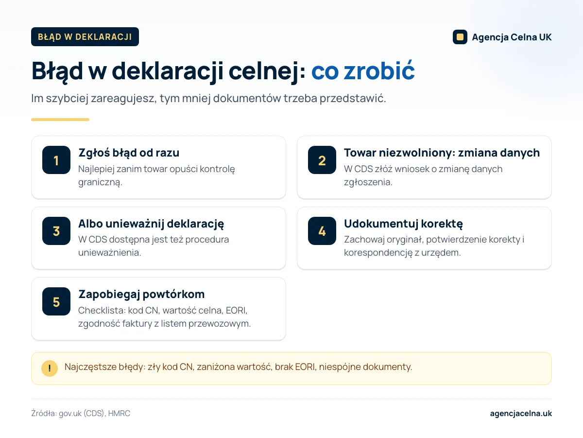 Infografika: jak postąpić po wykryciu błędu w zgłoszeniu celnym w systemie CDS — kroki i dokumentacja.