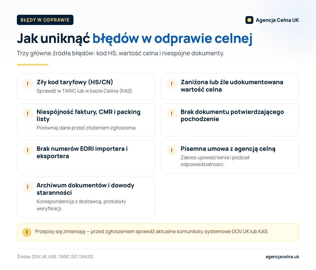 Infografika: lista najczęstszych błędów w odprawie celnej i sposobów ich uniknięcia przed granicą.
