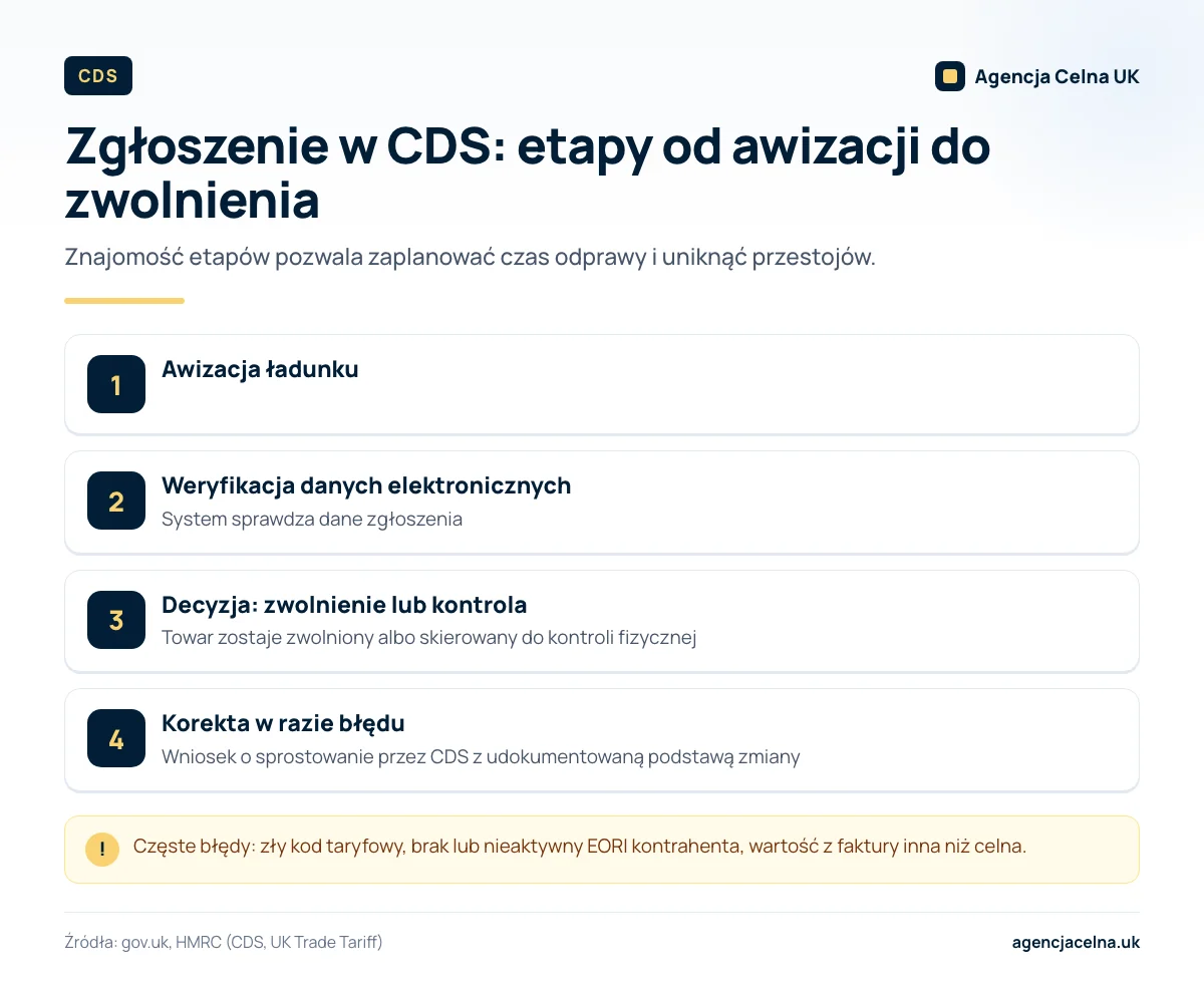 Infografika: etapy zgłoszenia w CDS – awizacja, weryfikacja danych, zwolnienie lub kontrola fizyczna oraz korekta.