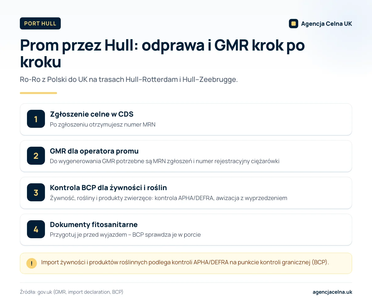 Infografika: kroki odprawy ciężarówki z Polski do UK przez port Hull – zgłoszenie w CDS, MRN, GMR i kontrola BCP.