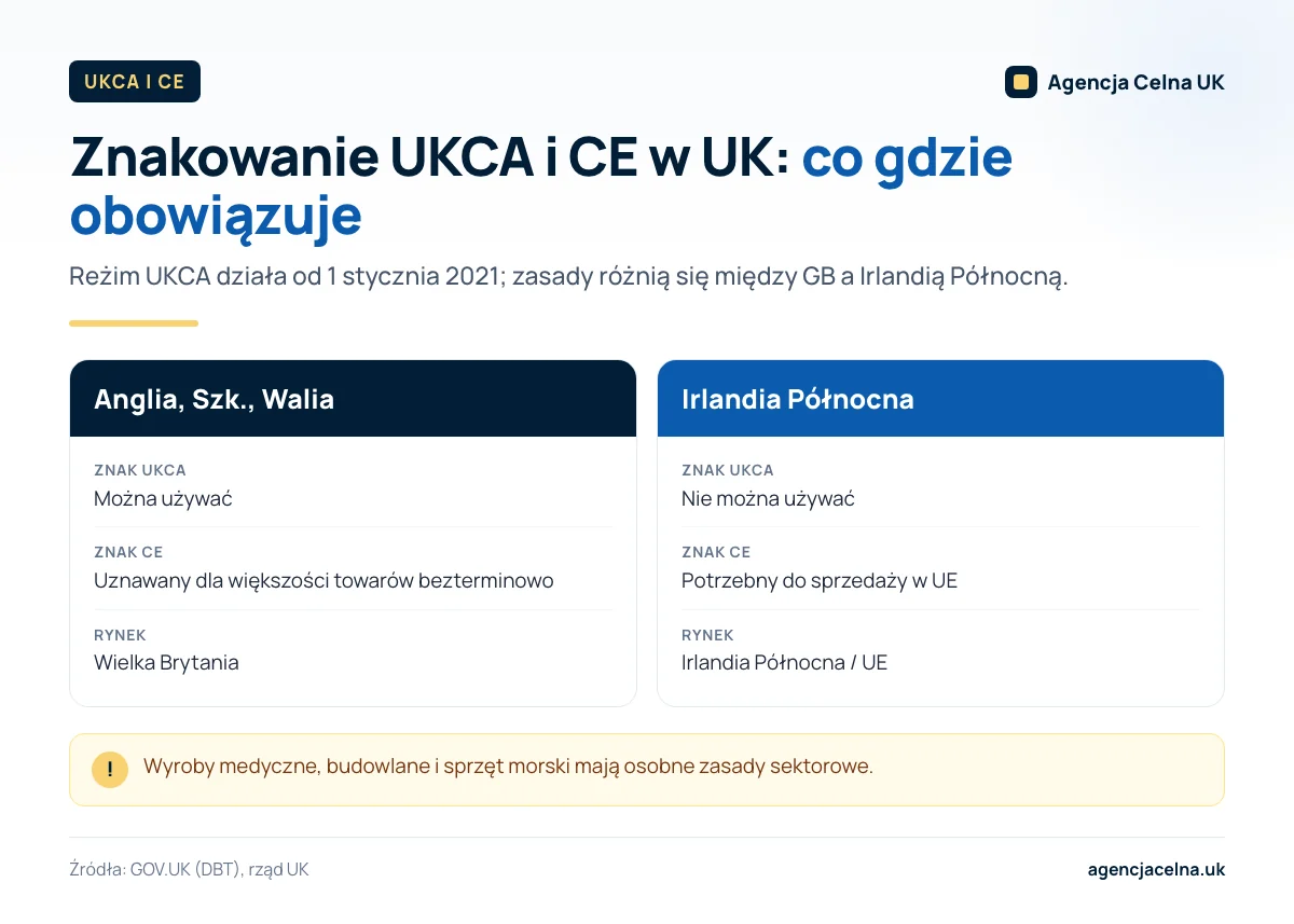 Infografika: gdzie obowiązuje znak UKCA, a gdzie CE: Anglia, Szkocja, Walia kontra Irlandia Północna.