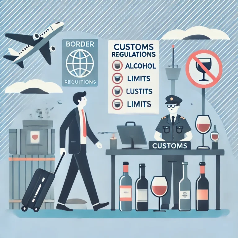 DALL·E 2024 11 21 09.45.29 – An informative illustration showing a traveler with luggage at a border checkpoint. The scene includes symbols of alcohol (bottles, wine glasses) with – Agencja Celna UK-PL, odprawy celne, import i eksport